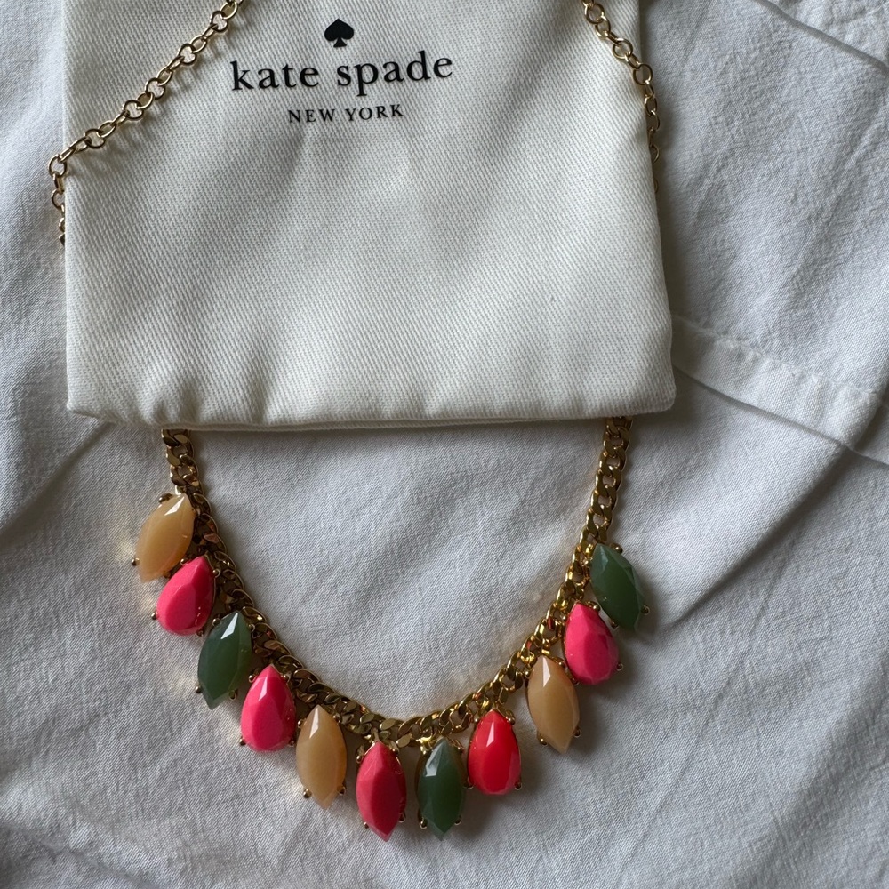 Kate Spade Gold Chain Necklace with Pink, Green, and Tan Accents